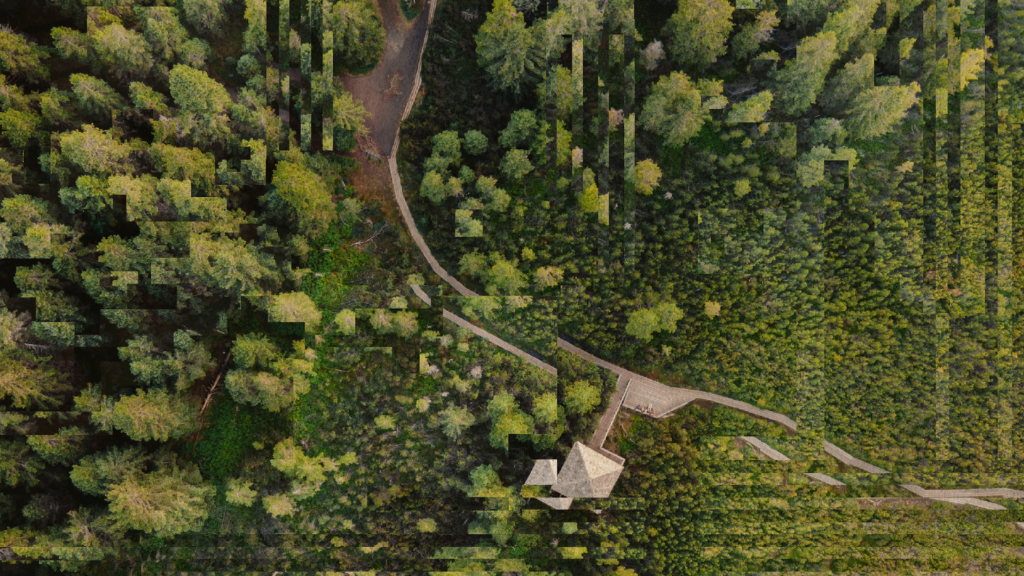 Bird's eye view photo of a small hut and a concrete path through a lush green forest. However, the image is slightly distorted by digital artefacts.