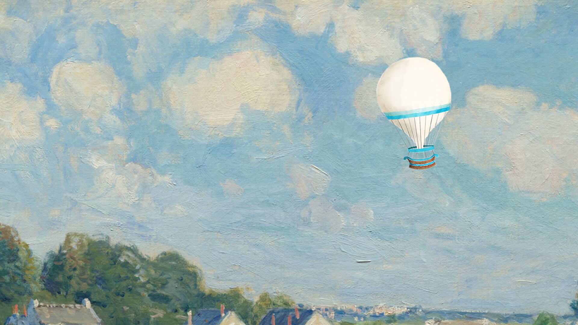 Impressionist painting of rooftops and a blue sky dotted with clouds with a white hot air balloon in the sky.